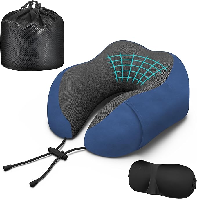Phent zari Neck Travel Pillow, Upgraded Memory Foam Pillow for Airplane, Machine Washable, Adjustable Flight Pillow, Suitable for Sleeping Airplane, Car, Office and Home (Dark Blue)