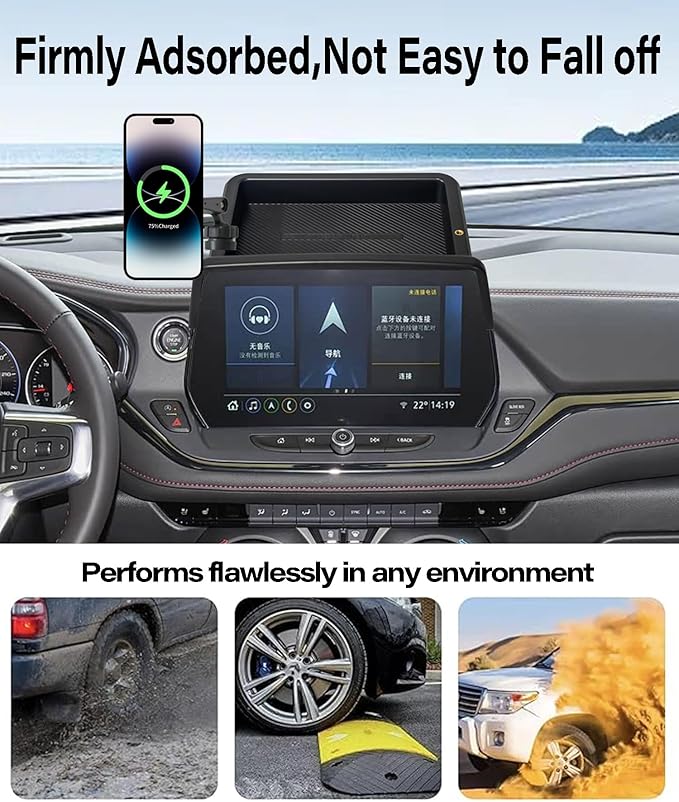 AbeeyGeomarn Car Phone Holder for Chevrolet Blazer 2023 2024 2025 2026 Accessories 10.2 Inch Touch Screen Fixed Clip 15W Fast Wireless Charger Cell Phone Mount with Dashboard Storage Tray