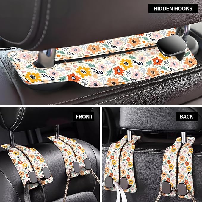 AXBSAKDI Car Seat Back Storage Headrest Hook, Premium Leather Double Metal Hook, Hanger Storage Organizer for Purse Cloth Bag, Car Interior Accessories Colorful Small Flowers