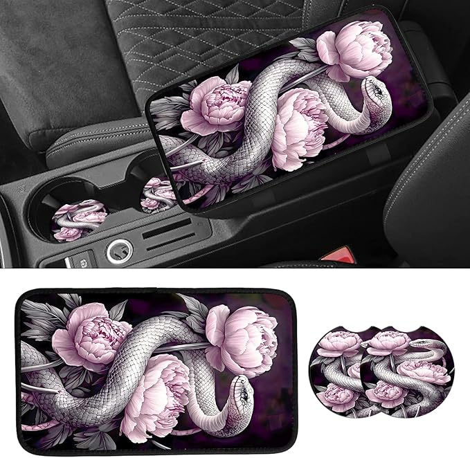 JANENFNA Car Armrest Cover Pads Universal Fashion Cute Auto Center Console Armrest Cover Pad with 2PCS Car Coasters Soft Waterproof Car Armrest Seat Protector for Women,Snake Pink Peonies