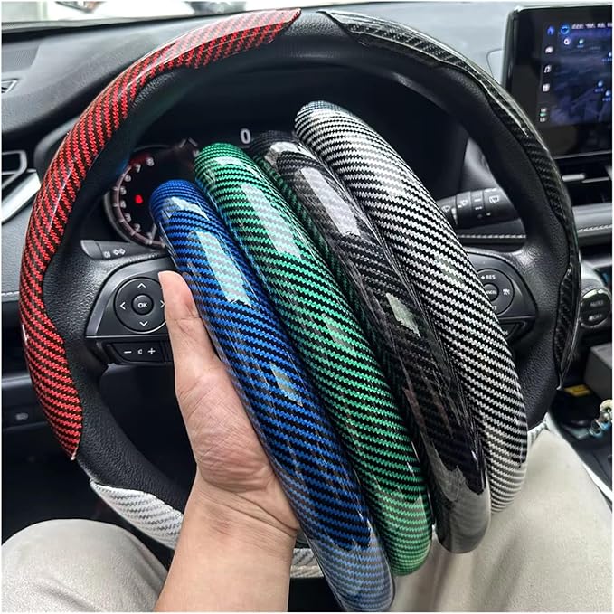 3PCS Universal Car Steering Wheel Cover - Warm Winter 38cm Round Glossy Laser Carbon Fiber fit for Interior Accessories(3PCS Red)