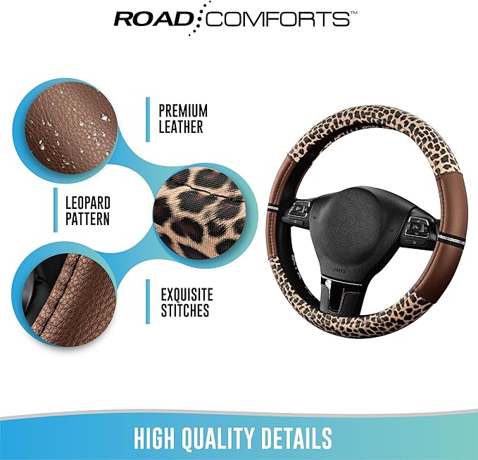 Road Comforts Leopard Steering Wheel Cover - Made with PVC Leather Cheetah Print - Anti-Slip, Universal Fit 14 1/2 inches to 15 inches - Brown