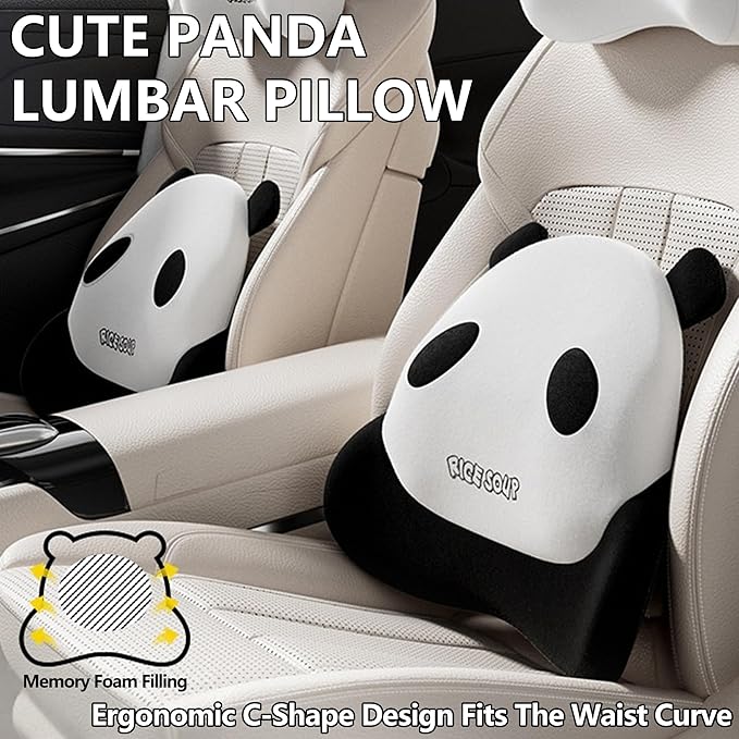 Cute Panda Car Neck Pillow & Lumbar Support Memory Foam Cushion for Driving Adjustable Headrest Waist Pillow for Most Seats (Brown, Backrest)