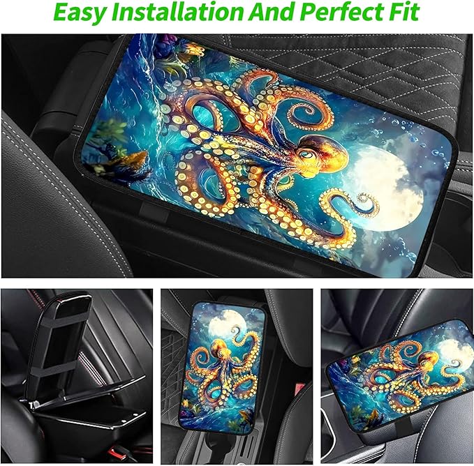 JANENFNA Car Armrest Cover Pads Universal Fashion Cute Auto Center Console Armrest Cover Pad with 2PCS Car Coasters Soft Waterproof Car Armrest Seat Protector for Women,Fierce Octopus