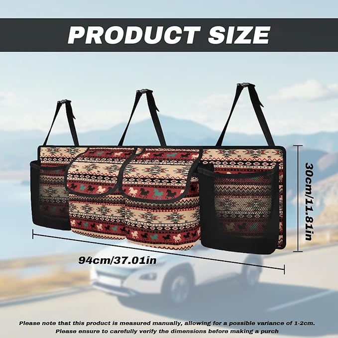 CLOHOMIN Southwest Aztec Horse Car Seatback Organizer Large Capacity Car Trunk Organizer Hanging Car Storage Bags with 4 Pockets Washable Car Trunk Mesh Storage Car Decor