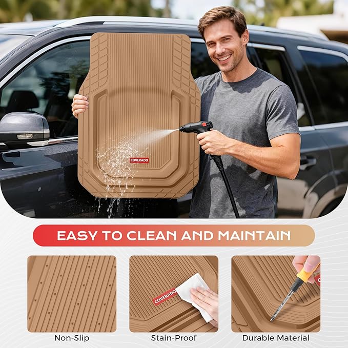 Coverado Car Floor Mats Heavy Duty, Deep Dish All-Weather Beige Mats, Universal Waterproof Trim to Fit Automotive Mats for Cars SUV Trucks, Durable Floor Liner Car Accessories, Full Sets, 3pcs