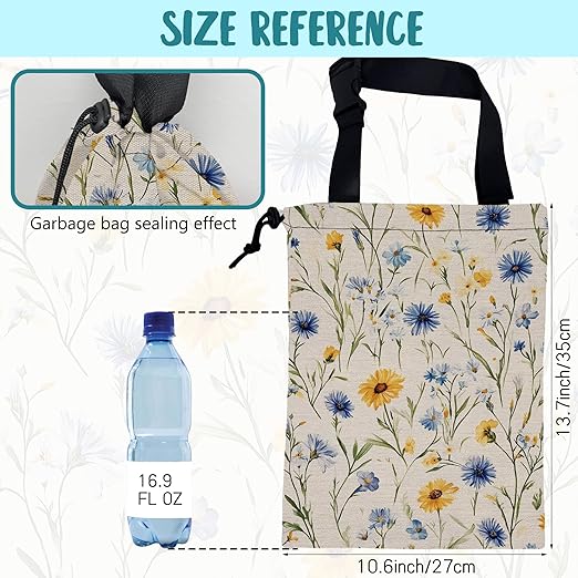 KXWQTRDD Car Garbage Bag Abstract Blue and Yellow Flowers Hanging Canvas Car Trash Bag Drawstring Car Back Seat Organizer for Car Back Front Seat Console with Adjustable Buckle