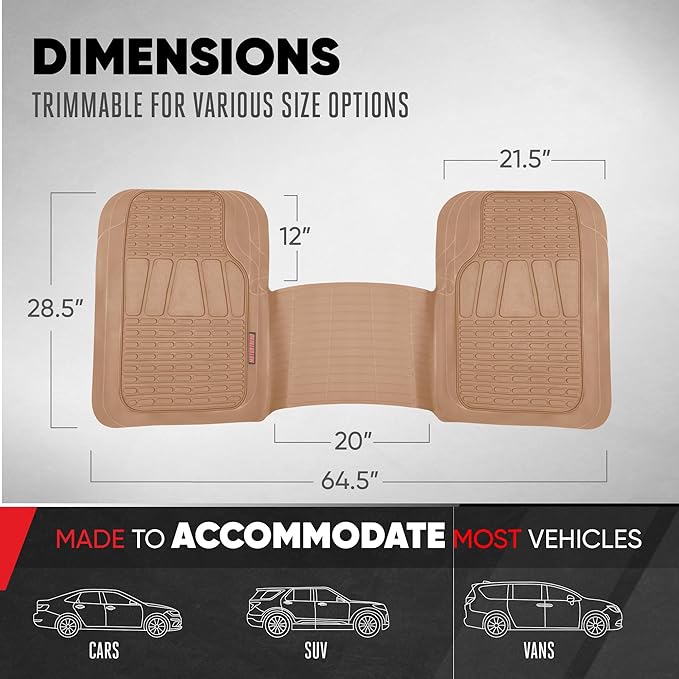 BDK Motor Trend WingRunner Heavy Duty Rubber Rear Floor Mat Liner, Trim-to-Fit Back Row Non-Slip All Weather Interior Protection Universal Fit Trucks Cars Sedans SUVs, Fits 2nd or 3rd Row - Beige