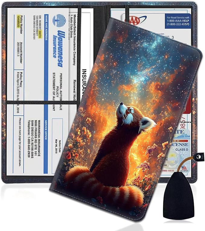 Car Document Holder with Magnetic Shut, Car Registration and Insurance Card Holder, Vehicle Glove Box Organizer Documents, Driver License, Auto Paperwork Organizer Wallet, Raccoon Gazing The Universe