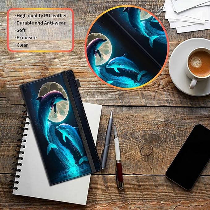 Car Registration and Insurance Holder,Leather Vehicle Glove Box Organizer Wallet for Document,Perfect for any Car,Truck,Motorcycle,Driver License,Trailer or Boat,Men & Women,Cute Dolphins and Moon