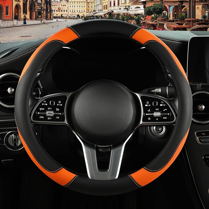 Binsheo Leather Steering Wheel Cover, Breathable, Anti Slip & Odor Free, Black and Orange