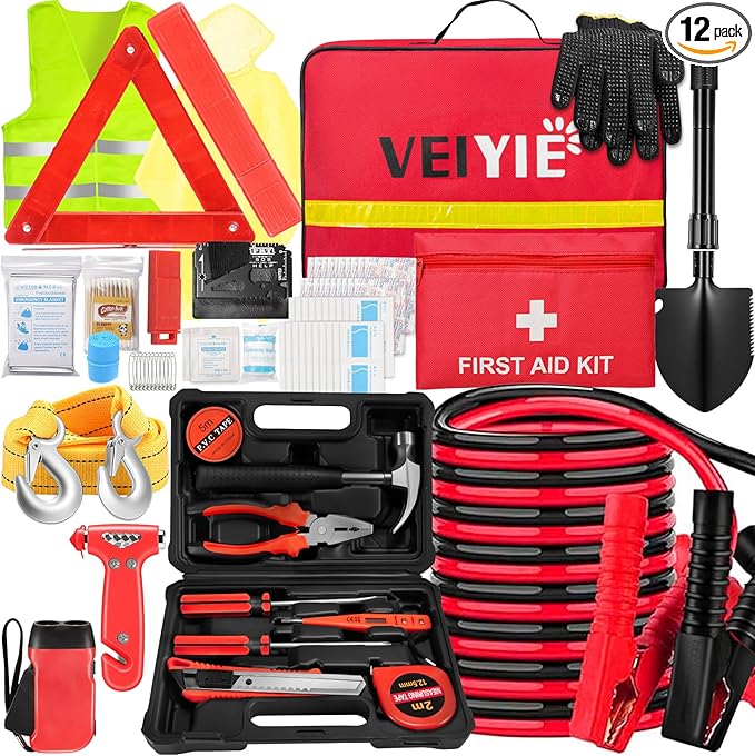 VEIYIE Roadside Car Emergency Kit, Winter Car Safety Kit with 10FT Jumper Cables, Tow Strap, Tool Kit, Reflective Warning Triangle, Road Trip Essentials, for New Drivers, Teens