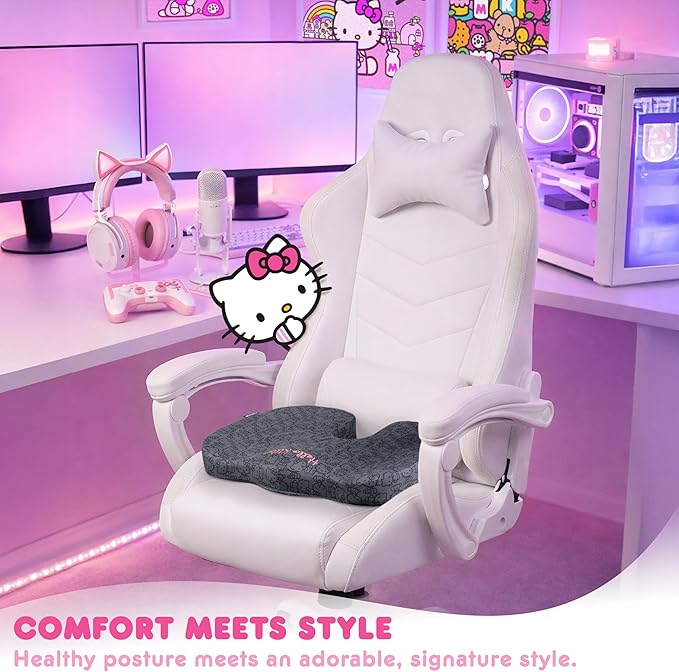 Carbella Officially Licensed Hello Kitty Seat Cushion - Cute Charcoal Gray Office Chair Cushion for Car, Home, Work or Desk - Comfort Memory Foam Cushions for Coccyx, Back, Tailbone Pain Relief Pillow