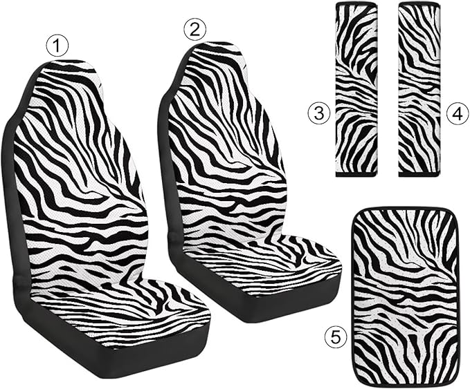 Psesaysky Zebra Stripe 5 Pcs Car Accessories Set PU Leather Front Seat Covers for Cars, Seatbelt Shoulder Pad, Car Armrest Covers Universal Fit Most Truck SUV Van
