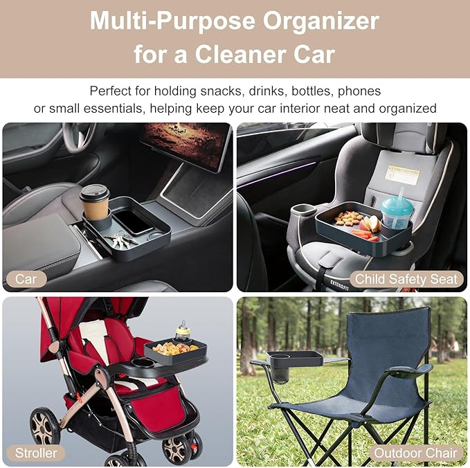 Car Seat Snack Tray for Kids, Square Car Seat Cup Holder Snack Tray with Adjustable Base, Durable CarSeat Tray for Toddlers, Universal Fit for Tesla, Safety Seats, Car Center Consoles (Dark Gray)