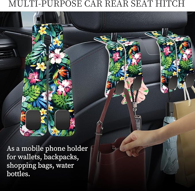 AXRQLSU PU Leather Car Seat Hook, Storage Headrest Hanger, Cute Car Backseat Organizer, Car Hooks for Purses and Bags Tropical Hibiscus Leaves