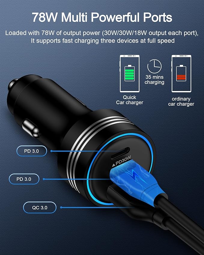 iPhone 16e 17e Car Charger Fast Charging, 78W 3-Port Super Fast Charge USB A & USB C Car Power Cigarette Lighter Adapter for iPhone 17/17e/Air/17 Pro/16/16e/16Pro Max/15/14/13/12, iPad, Samsung S26