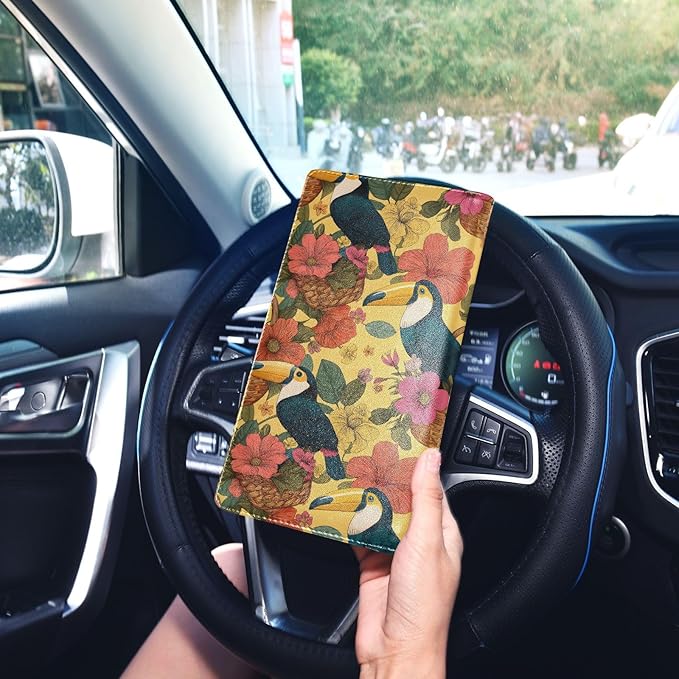 ALAZA Flower Basket Toucan Pattern Car Registration and Insurance Card Holder Vehicle Glove Box Car Organizer Driver License Documents Holder Waller Case Organizers