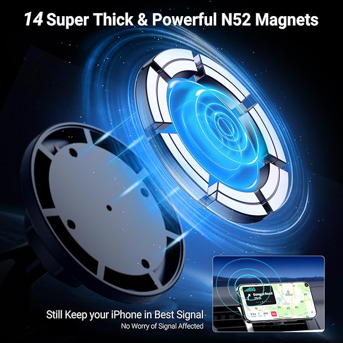 PROfezzion Rearview Mirror & Vent Clip Combo Magnetic Phone Holder Compatible with MagSafe on Car Rear View Mirror for iPhone 17 16 15 14 13 12 Pro Max Plus, MagSafe Case & All Phones [No Vibrating]