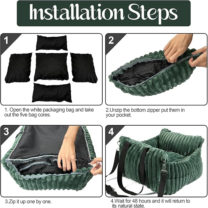 HOMLOVE Dog Car Booster Seat, for Small Dogs Under 30 lbs, Detachable Washable Travel Bed with Storage Pockets and Safety Belt (Green, Medium)
