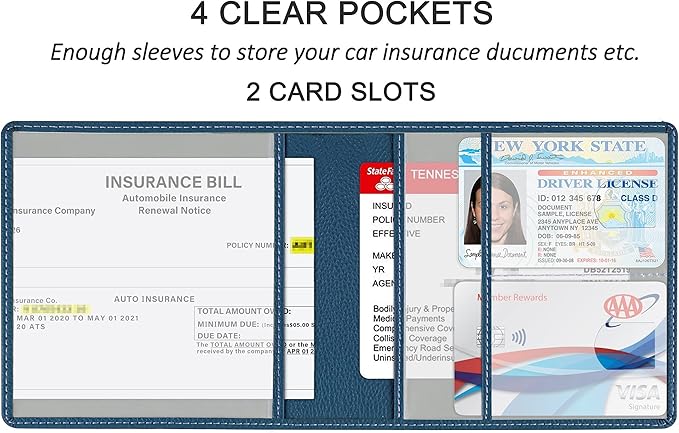New Fashion Kingdom Car Registration and Insurance Holder, Premium PU Leather Vehicle Glove Box Car Organizer Men Women Wallet Accessories Case for ID, Driver's License - Blue