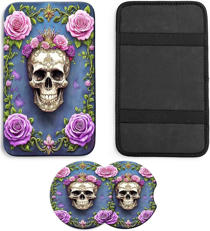 JANENFNA Car Armrest Cover Pads Universal Fashion Cute Auto Center Console Armrest Cover Pad with 2PCS Car Coasters Soft Waterproof Car Armrest Seat Protector for Women,Skull with Pink Roses