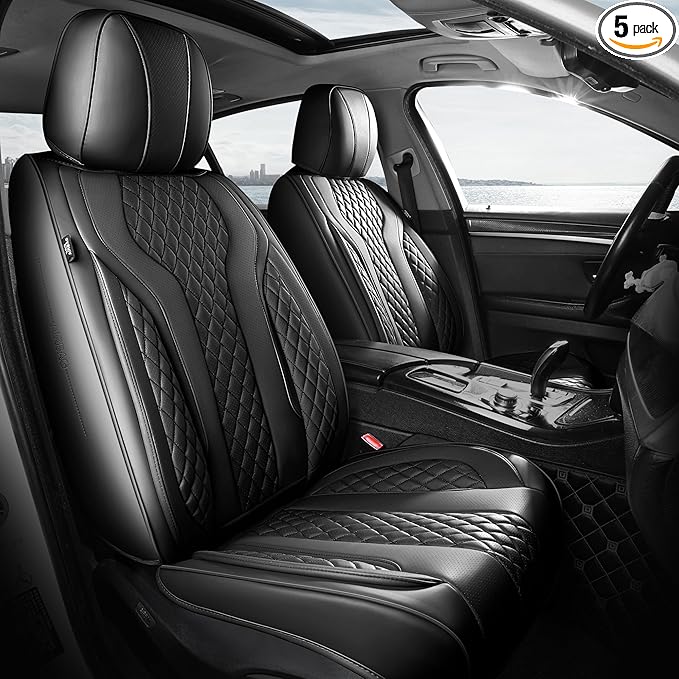 FEINEPRO Leather Car Seat Covers Full Set, Breathable Faux Leather Seat Covers for Cars SUV Sedan Waterproof Black