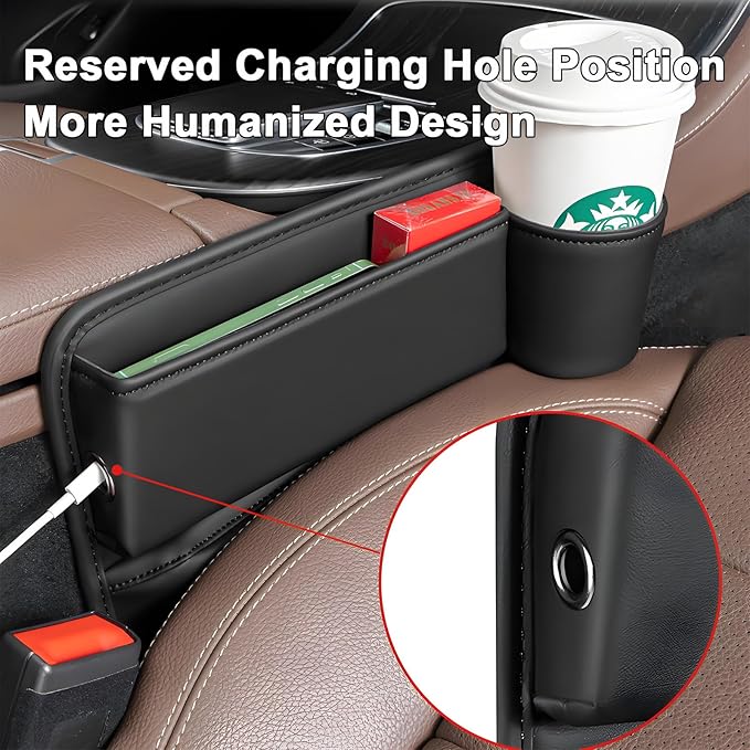 Car Seat Gap Filler Organizer, Universal Premium Leather Seat Organizer with Cup Holder, Seat Gap Storage Box with Bottle Holder, Car Leather Gap Bag Front Center Console Seat (Passenger Side)