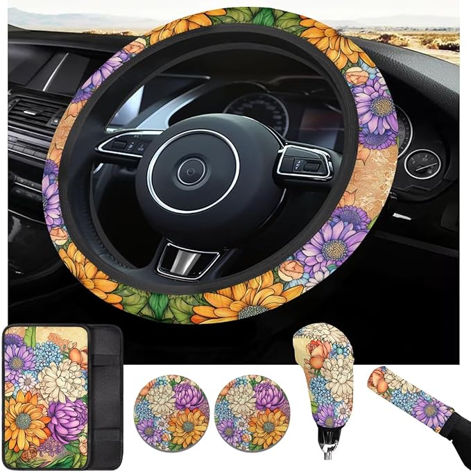 Flower 6pcs Car Accessories for Women Chrysanthemum Print Steering Wheel Cover Car Armrest Cover Handbrake Coer Auto Interior Sets