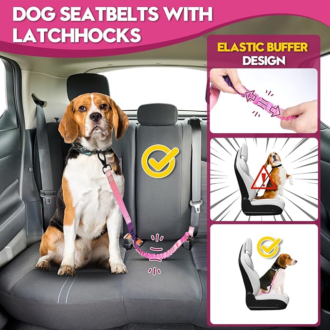 2 Piece Dog Car Seat Belt Harness Retractable Restraint for Car Headrest Adjustable Heavy Duty & Elastic & Durable Dog Car Seat Belt (Red)