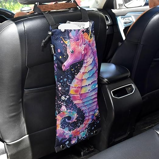 ALAZA Hanging Car Trash Bags Garbage Bag Trash Can for Back Seat Small Sea Horse 2 Washable Storage Bag Retractable 2 Pack
