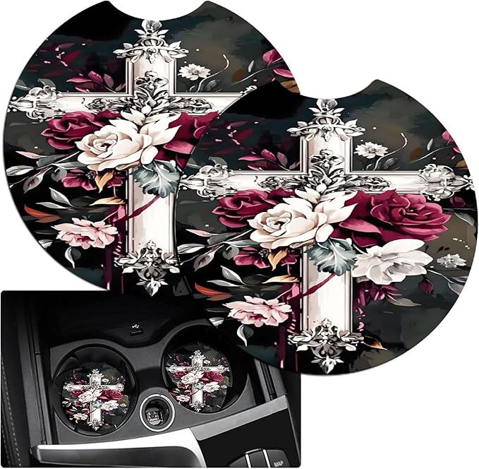 JANENFNA Car Armrest Cover Pads Universal Fashion Cute Auto Center Console Armrest Cover Pad with 2PCS Car Coasters Soft Waterproof Car Armrest Seat Protector for Women,Rose on Cross