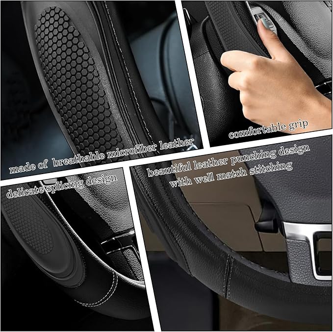 Black Film Splicing Leather Steering Wheel Cover, Microfiber Leather, Anti-Slip, Breathable, Universal Fit for 14.5–15 in Steering Wheel Cover for Men Women