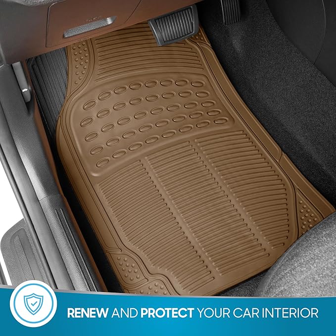 BDK Original ProLiner 3 Piece Heavy Duty Front & Rear Rubber Floor Mats for Car SUV Van & Truck, Beige – All Weather Floor Protection with Universal Fit Design