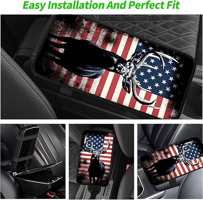JANENFNA Car Armrest Cover Pads Universal Fashion Cute Auto Center Console Armrest Cover Pad with 2PCS Car Coasters Soft Waterproof Car Armrest Seat Protector for Women,Patriotic Deer Design