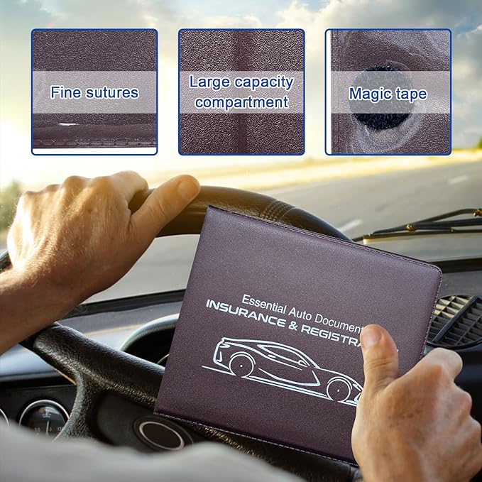 Ziciner Car Registration Insurance Holder, 2Pack Essential Auto Card Document Glove Box Organizer with Touch Fastener, Vehicle Interior Accessories Perfect for Most Car, Truck, SUV (Brown/Small Car)