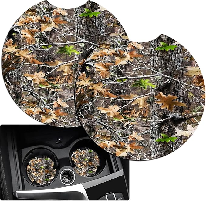 JANENFNA Car Armrest Cover Pads Universal Fashion Cute Auto Center Console Armrest Cover Pad with 2PCS Car Coasters Soft Waterproof Car Armrest Seat Protector for Women,Camo Leaves Pattern