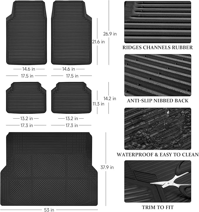 CAR PASS Black Rubber Car Floor Mats & Cargo Liners, All Weather Car Mats & Trunk Mats,Waterproof Automotive Floor Mats Trim to Fit for Most Cars Sedans SUVs Vans, Durable Heavy Duty Anti-Slip,Black