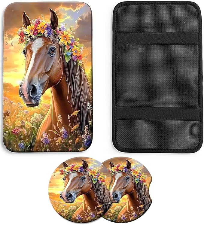 JANENFNA Car Armrest Cover Pads Universal Fashion Cute Auto Center Console Armrest Cover Pad with 2PCS Car Coasters Soft Waterproof Car Armrest Seat Protector for Women,Sunset Flower Horse