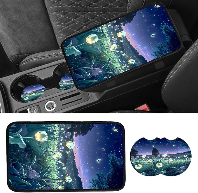 JANENFNA Car Armrest Cover Pads Universal Fashion Cute Auto Center Console Armrest Cover Pad with 2PCS Car Coasters Soft Waterproof Car Armrest Seat Protector for Women,Beautiful Flower Sea