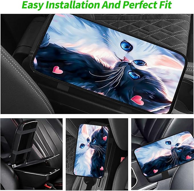 JANENFNA Car Armrest Cover Pads Universal Fashion Cute Auto Center Console Armrest Cover Pad with 2PCS Car Coasters Soft Waterproof Car Armrest Seat Protector for Women,Cat Couple