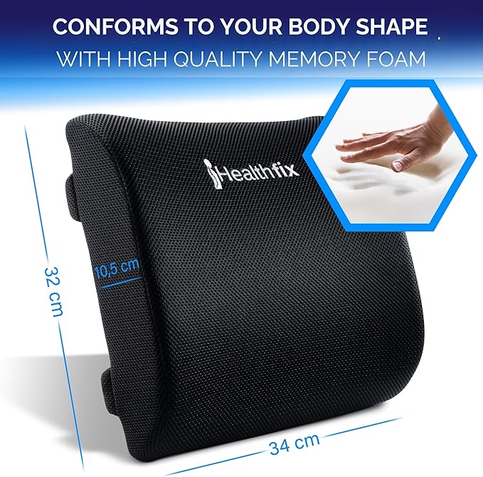 Healthfix® Ergonomic Lumbar Support Pillow – Expertly Designed in Germany – Improves Posture & Relieves Back Pain – Memory Foam Back Cushion for Office Chair & Couch - Firm (185-300 lbs)
