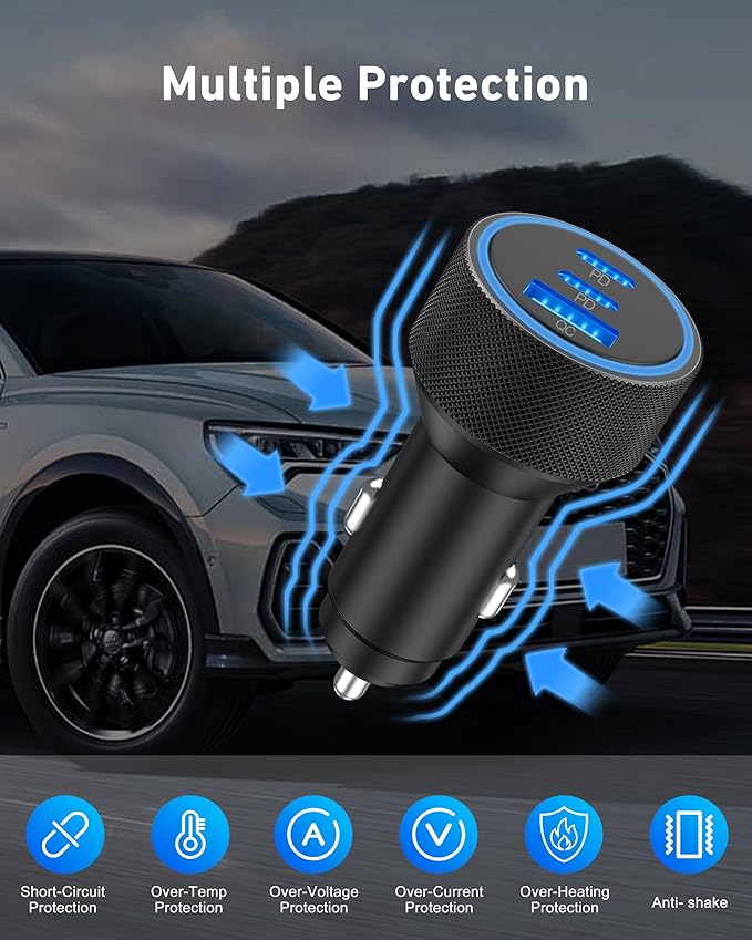 for iPhone 17/16/15 Pro Max Car Charger, 67W 3-Port Fast USB C Car Charger Power Cigarette Lighter Adapter with 3FT USB C to C Cable for iPhone 17/17 Pro/Air/17e/16/15 Pro Max/Plus/16e, iPad