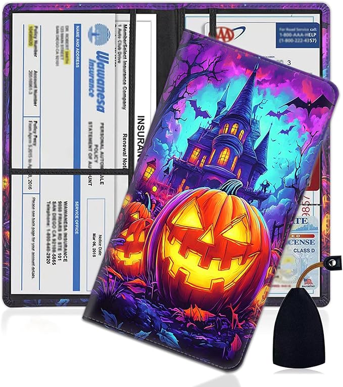 Car Registration Holder, PU Leather Vehicle Glove Box Organizer for Driver License, Document, Car Insurance Holder with Magnetic Shut, Auto Paperwork Wallet Accessories, Halloween Pumpkin Castle