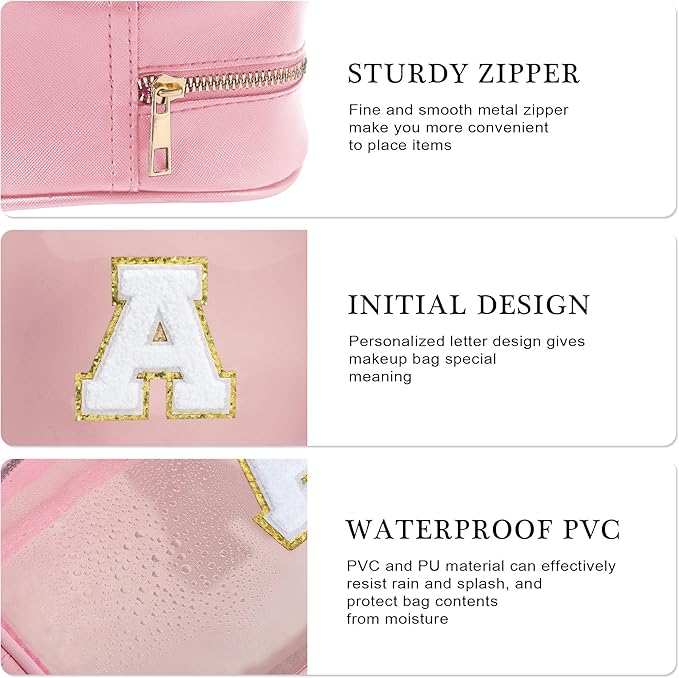 YOOLIFE Valentines Day Gifts for Teenage Girls Teacher Gifts Initial Clear Makeup Bag Birthday Gift Travel Toiletry Cosmetic Bags Birthday Gift Travel Essentials Pink A