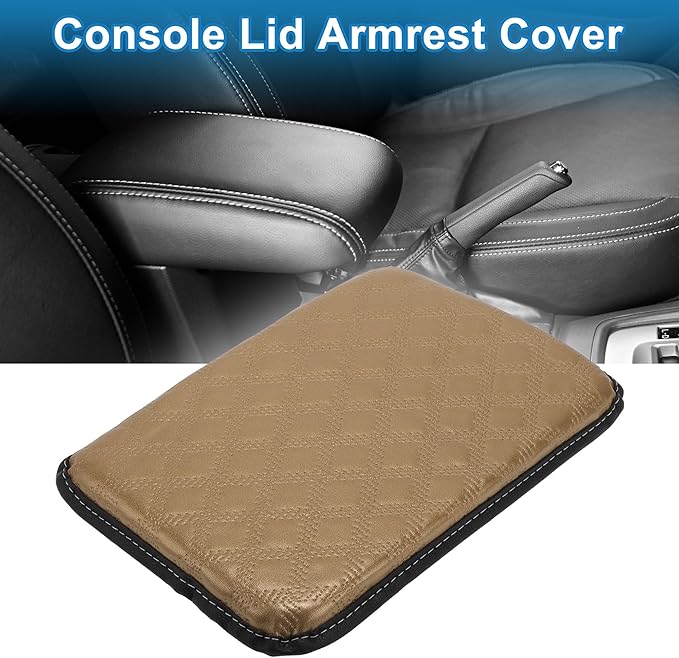 Car Armrest Cushion Pad Non-slip 11.81"x8.27" PU,Breathable Cotton and Linen Beige Center Console Lid