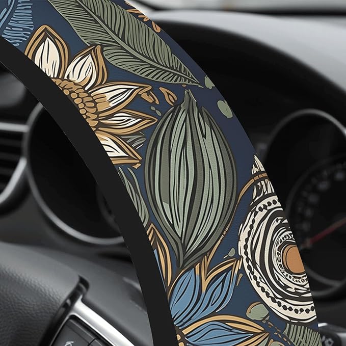 Cute Steering Wheel Cover for Women, Machine Washable Universal 14.5-15.5 inch Non-Slip Grip All Weather Use (Retro Floral Blue)