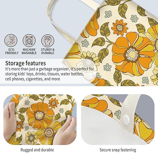 AUEKLLW Car Trash Can, Hanging Garbage Bin for Men and Women, Cute Car Organizer and Storage Bag, Canvas Vehicle Trash Can Bag Easy-to-Install Boho Yellow Flowers