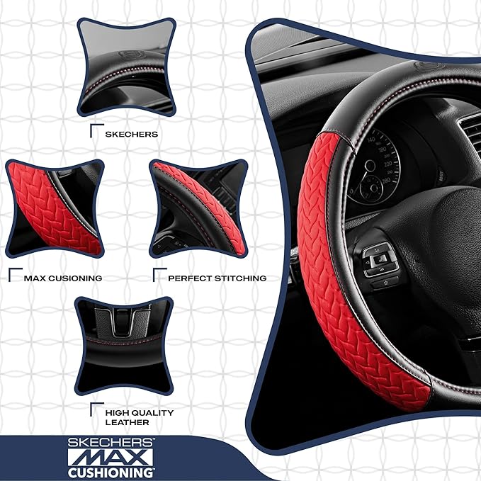 Skechers Steering Wheel Cover,Max Cushioning Leather Steering Wheel Cover Universal Fit 14" 1/2-15" Car Wheel Protector for Men Women Fit Suvs,Vans,Sedans,Car,Trucks,Red