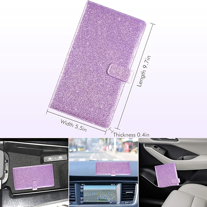 Caweet Car Registration and Insurance Holder Vehicle Glove Box Organizer Leather Car Document Holder for Driver's License, ID, Key Information Cards with Magnetic Closure, Glitter Purple